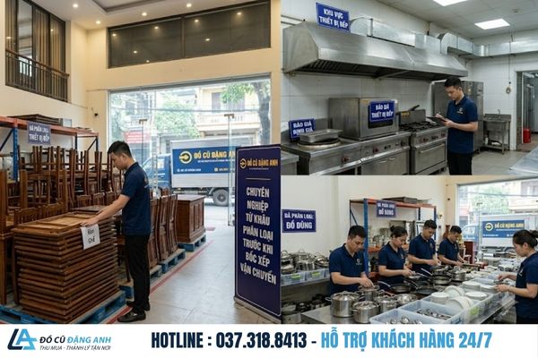 Bàn ghế, thiết bị bếp và đồ dùng được phân loại trước khi bốc xếp quy trình thanh lý nhà hàng trọn gói
