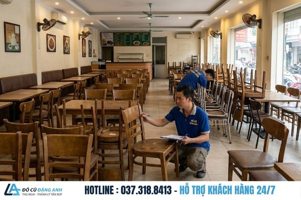 Đồ Cũ Đặng Anh đang kiểm tra toàn bộ bàn ghế tại một mặt bằng nhà hàng