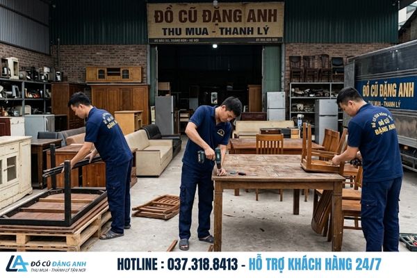 Đội ngũ Đồ Cũ Đặng Anh mặc đồng phục xanh đậm đang tháo dỡ bàn ghế