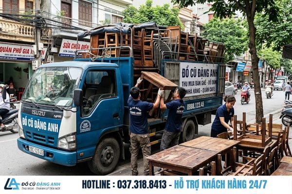 Xe tải Đồ Cũ Đặng Anh đang bốc xếp bàn ghế sau khi thu mua