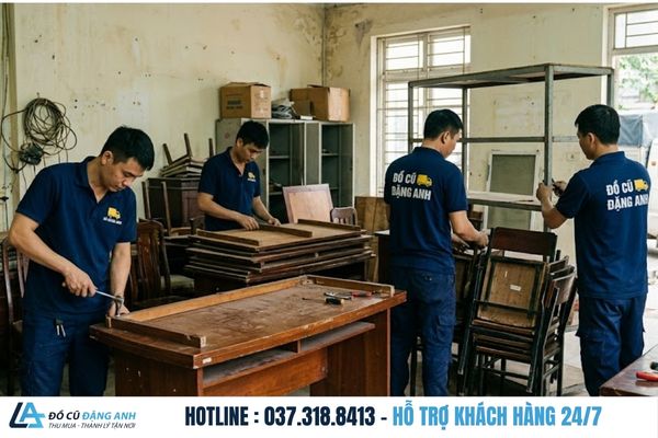 Đội ngũ Đồ Cũ Đặng Anh mặc đồng phục xanh đậm đang tháo dỡ bàn ghế