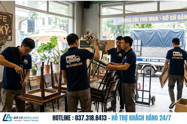 Đội ngũ Đồ Cũ Đặng Anh mặc đồng phục xanh đậm đang tháo bàn ghế tại quán cafe