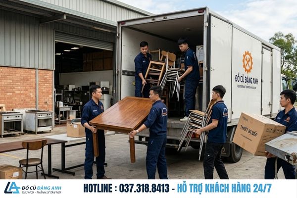 Đội ngũ nhân viên mặc đồng phục xanh đậm đang bốc xếp hàng hóa, bàn ghế lên xe tải