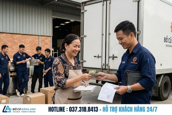 Quá trình thanh toán tiền mặt trực tiếp cho chủ nhà hàng vui vẻ sau khi bốc xếp xong
