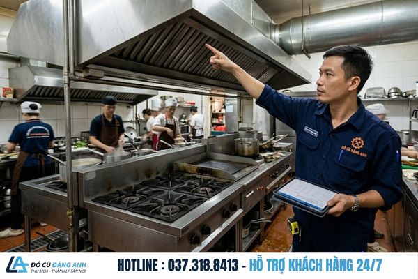 Thợ của Đồ Cũ Đặng Anh mặc đồng phục xanh đậm đang khảo sát và định giá thanh lý nhà hàng Hà Nội