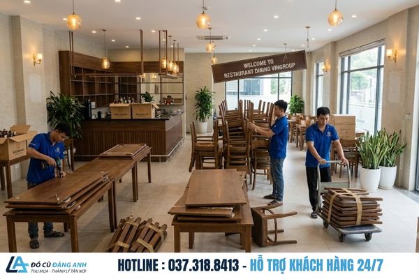 Đồ Cũ Đặng Anh đang tháo dỡ và vận chuyển bàn ghế tại nhà hàng