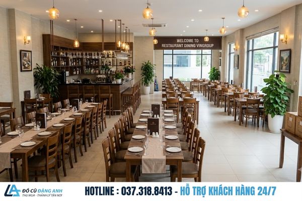 Toàn bộ bàn ghế và đồ đạc trong nhà hàng trước khi tháo dỡ - thanh lý nhà hàng tại cầu giấy