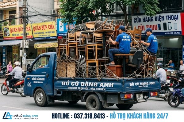 Xe tải Đồ Cũ Đặng Anh đang vận chuyển bàn ghế sau khi thu mua bàn ghế nhà hàng thanh lý Hà Nội