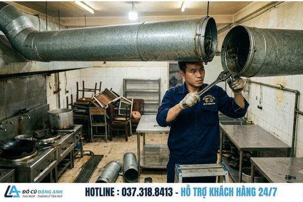 Đồ Cũ Đặng Anh mặc đồng phục xanh đậm đang tháo đường ống hút khói